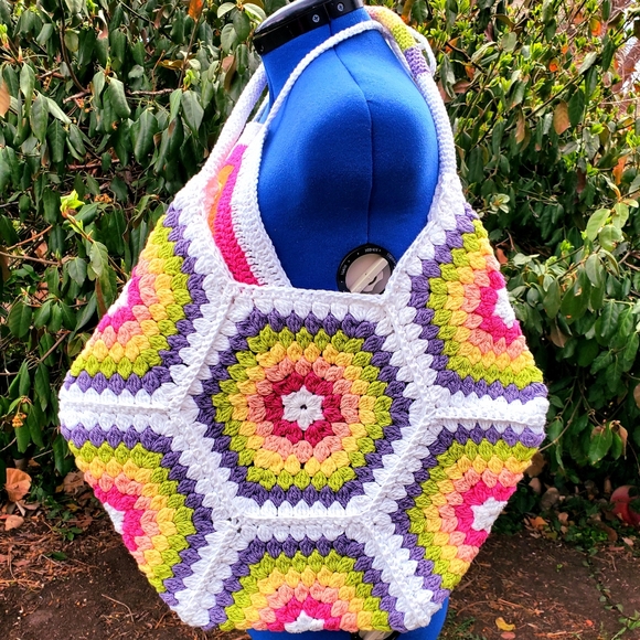 Hand Crafted Handbags - 👜HOST PICK🛍 Crochet Granny Square Hex Boho Hippie Tote Bag